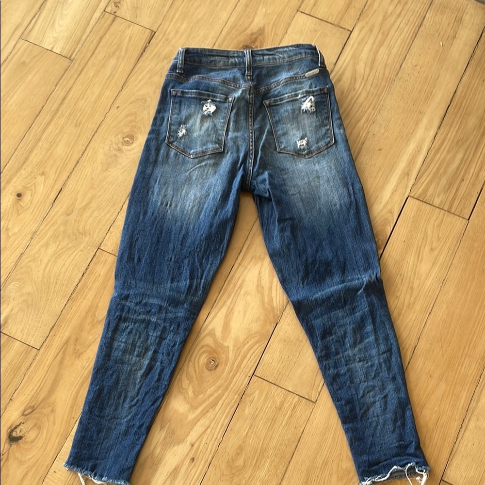 KanCan Blue Ankle Cropped Jeans with Distressed Details